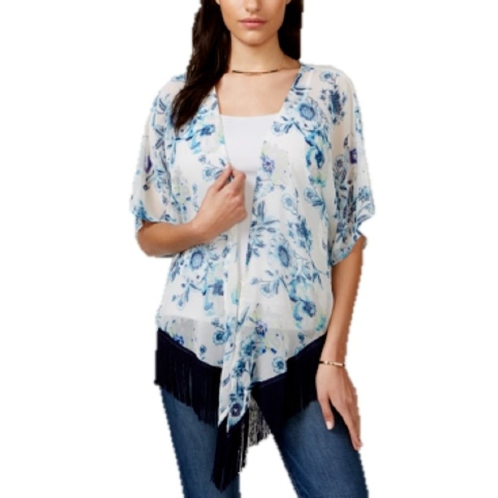 Cejon Blue Floral Sheer Fringe Kimono Wrap